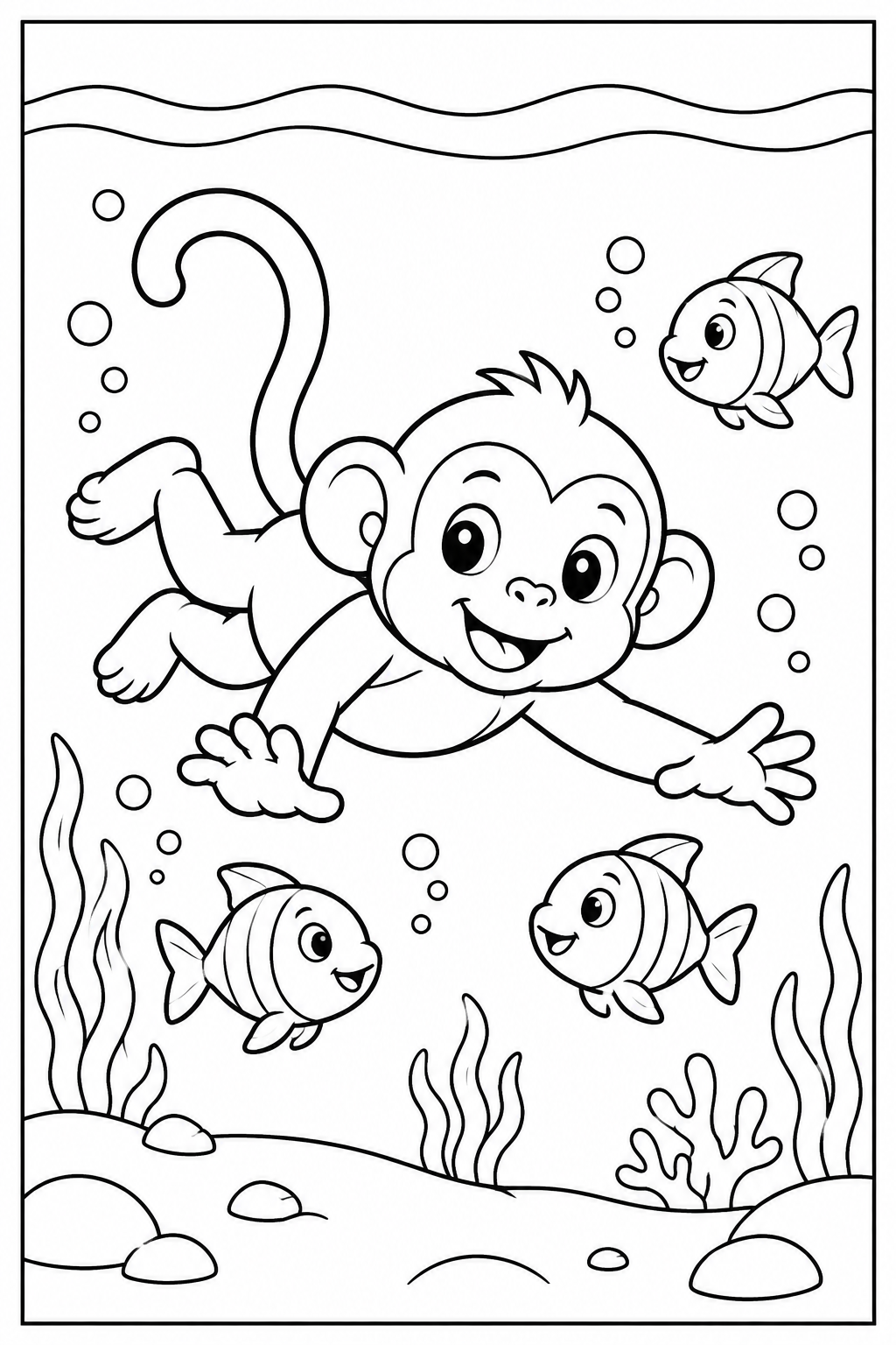 Monkey under the sea โ More details โ printable coloring page