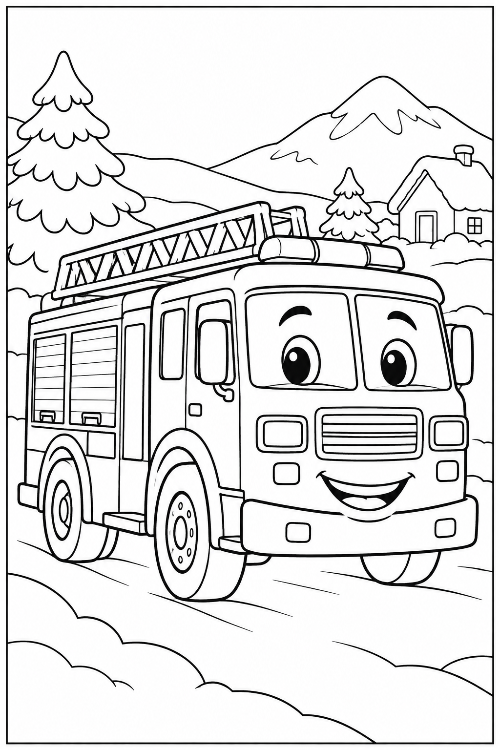 Fire engine in the snow โ More details โ printable coloring page