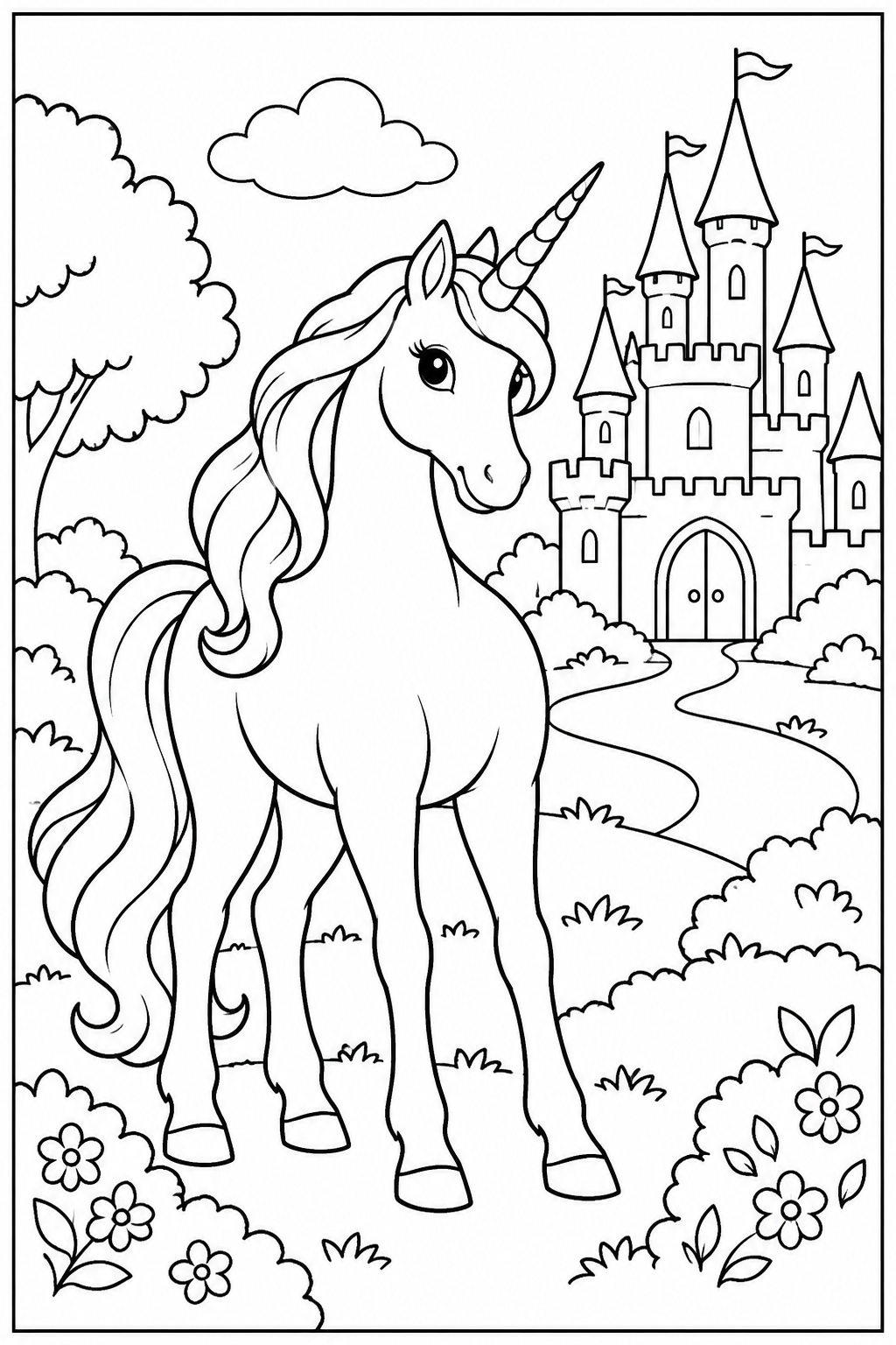 Unicorn by a castle โ More details โ printable coloring page