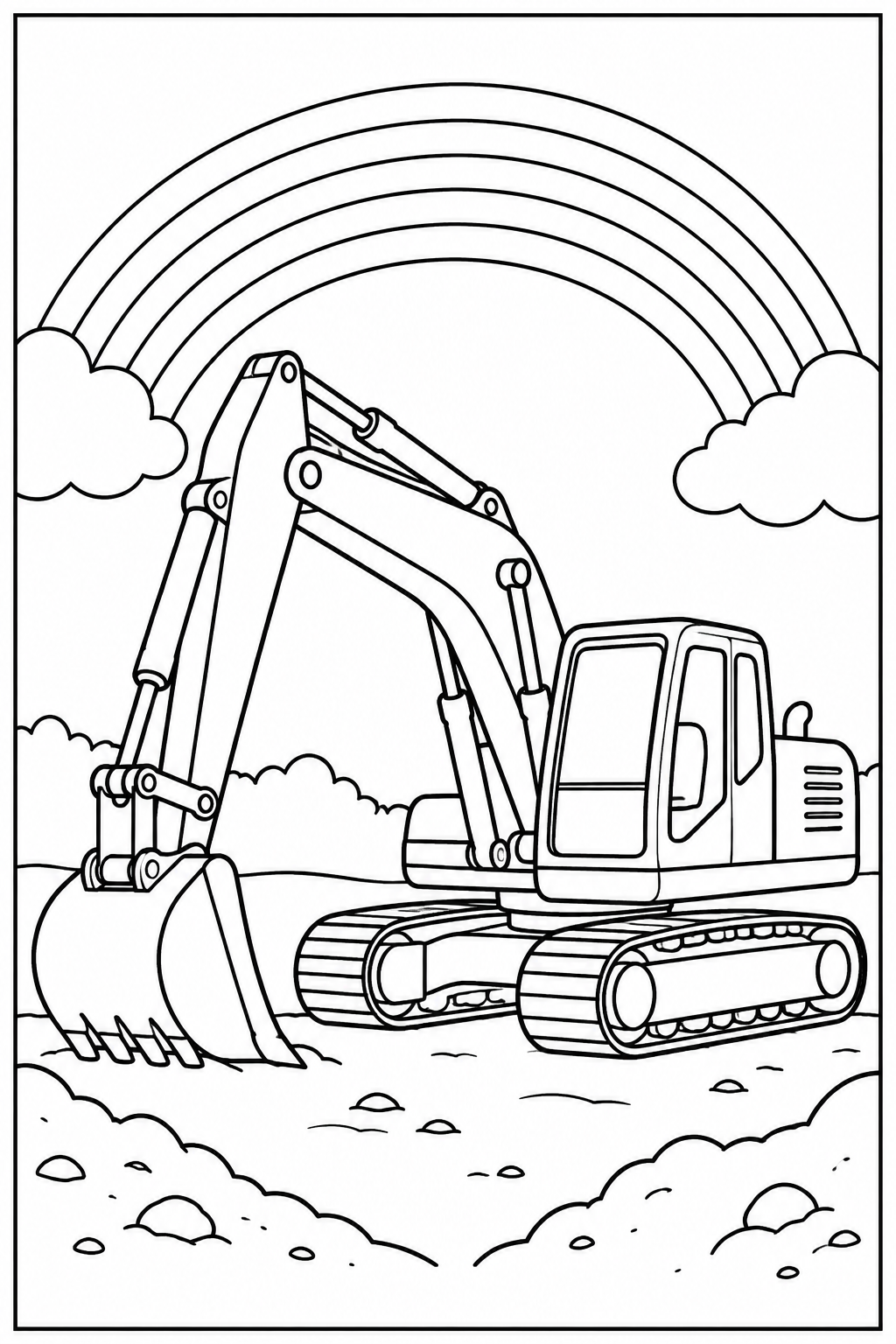 Excavator under a rainbow โ More details โ printable coloring page