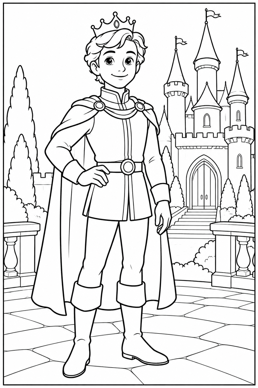 Prince by a castle โ More details โ printable coloring page