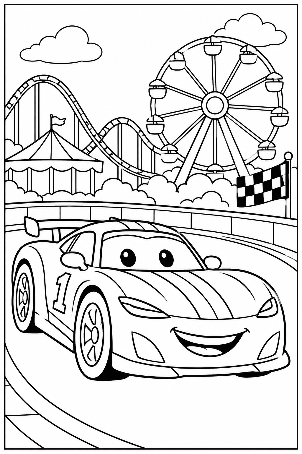 Race car at the amusement park โ More details โ printable coloring page