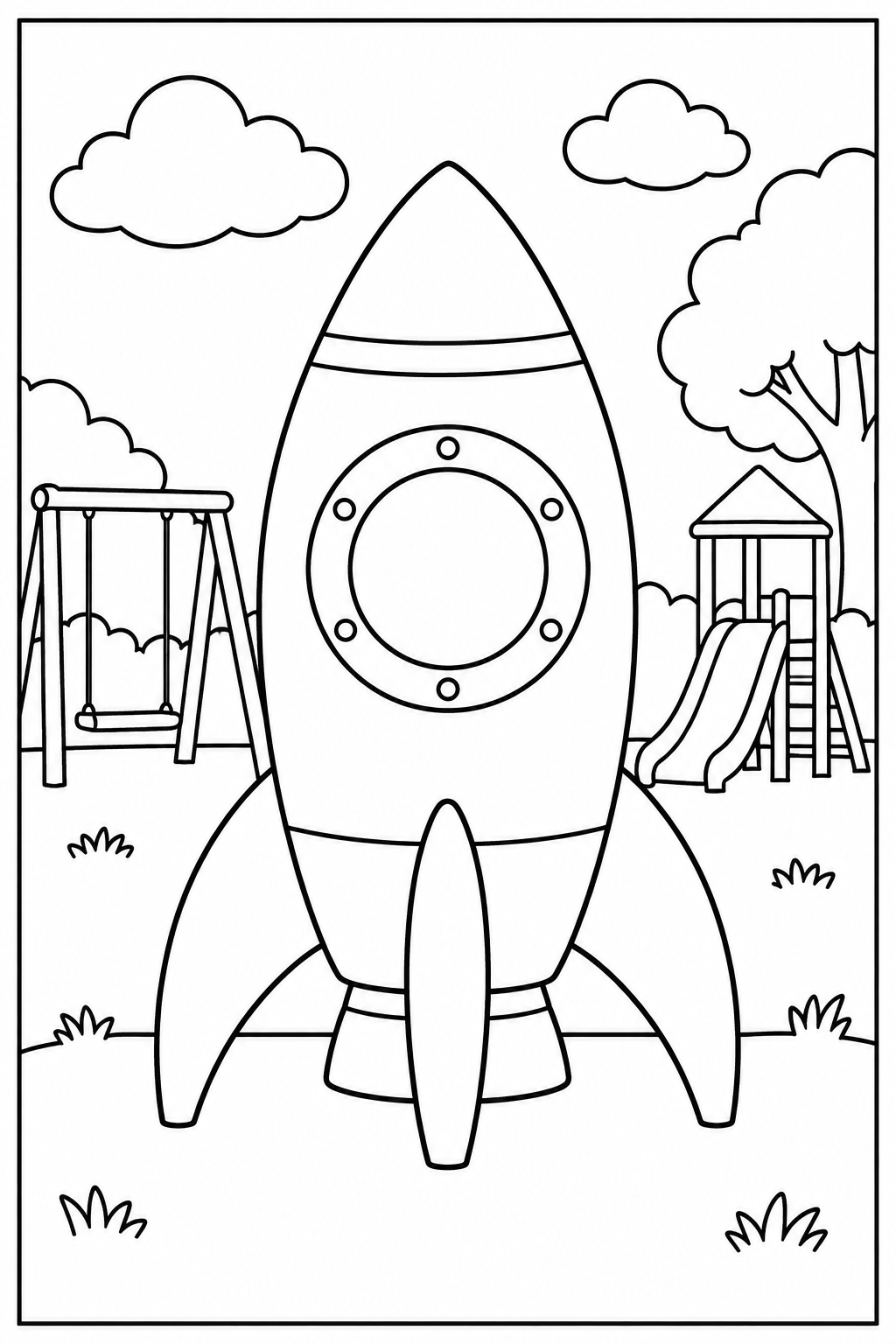 Rocket at the playground โ More details โ printable coloring page