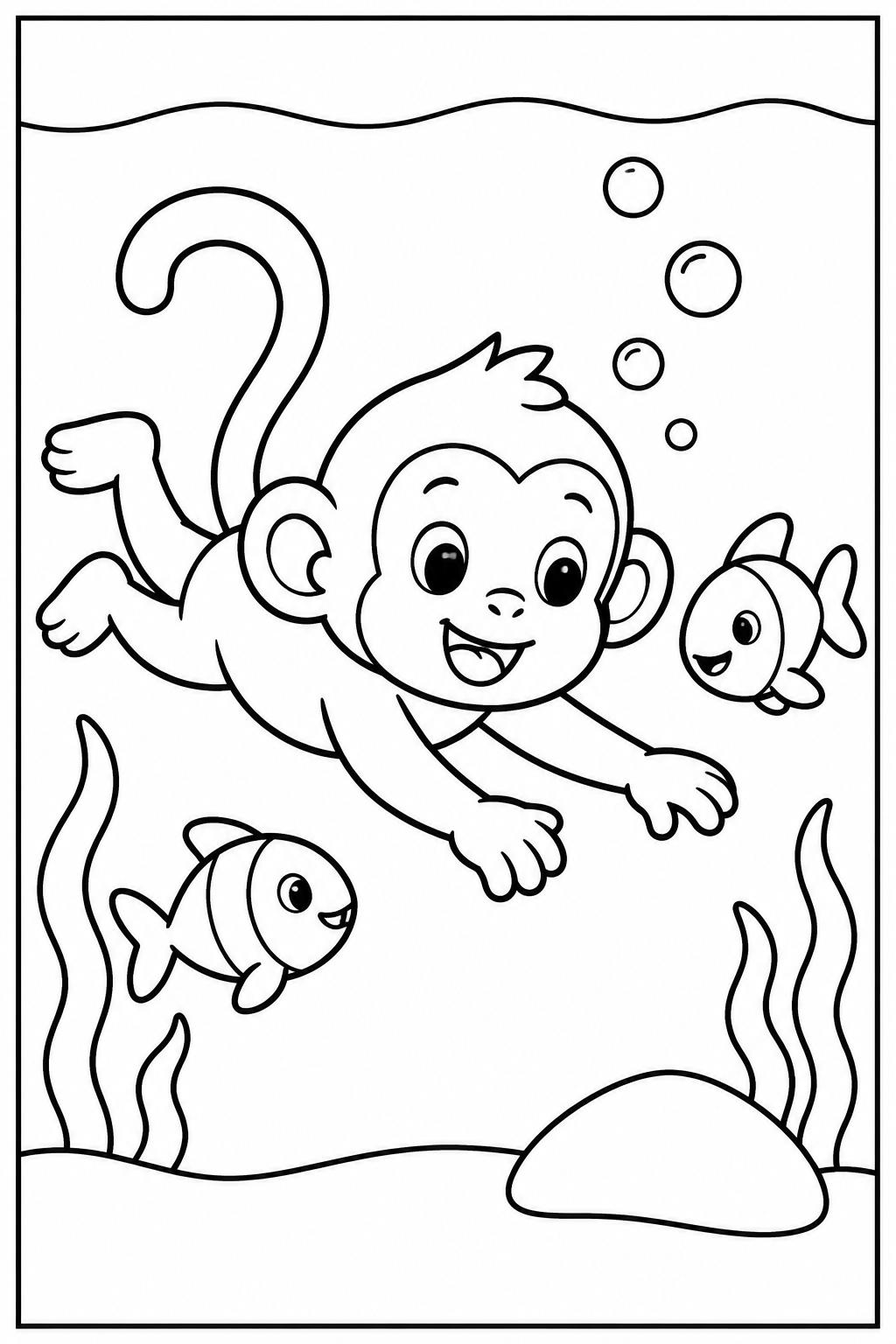 Monkey under the sea โ Large shapes โ printable coloring page