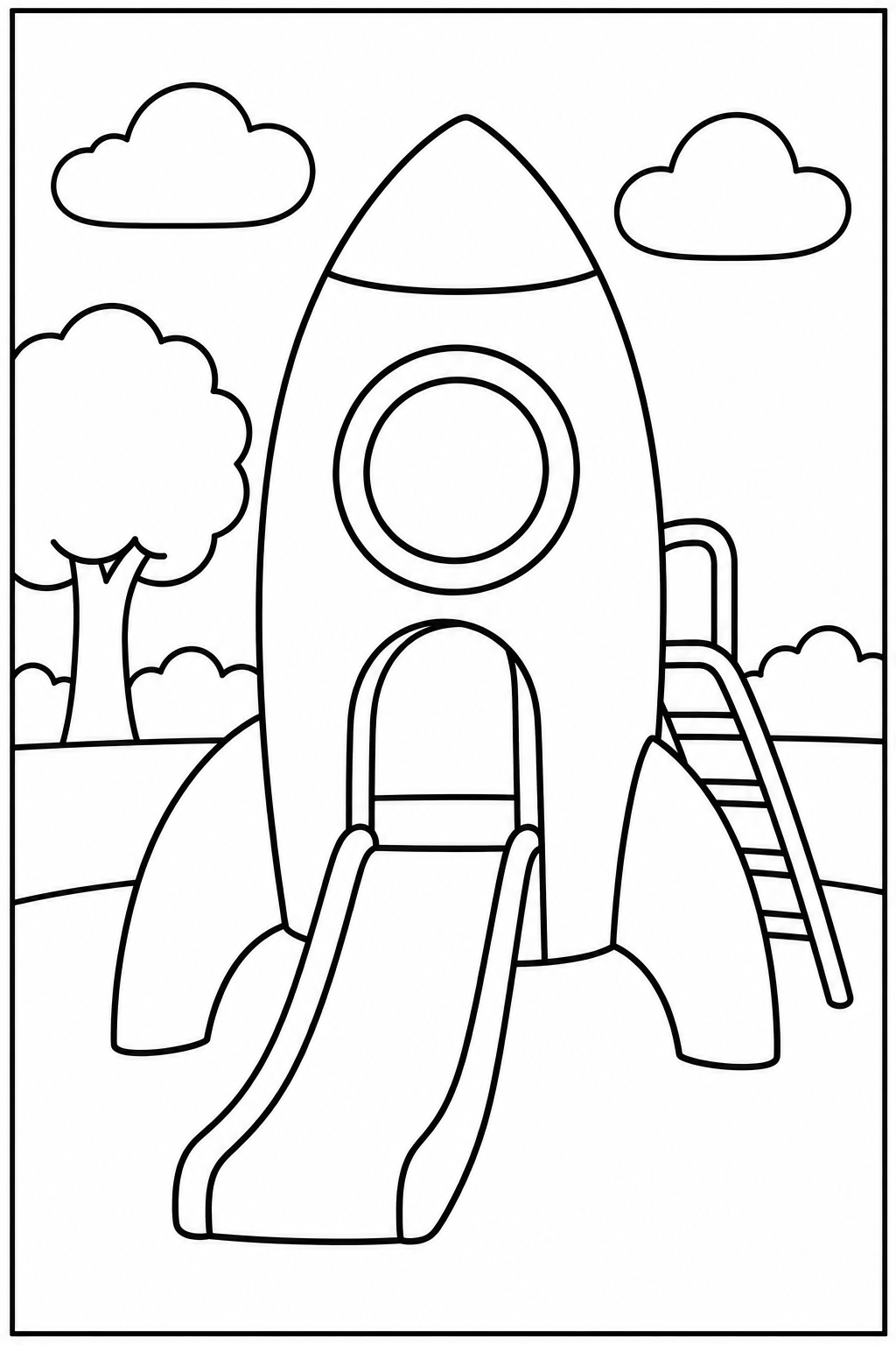 Rocket at the playground โ Large shapes โ printable coloring page